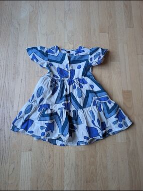Tea Collection Blue and White Geometric Tiered Dress